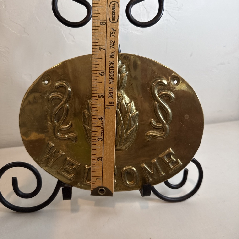 Vintage Solid Brass Welcome Sign Oval Embossed Pineapple Entryway Wall Plaque - Picture 5 of 8